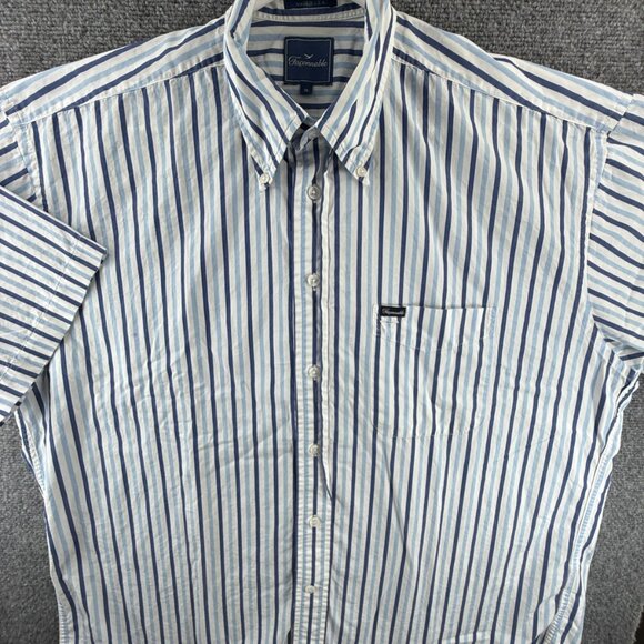 Faconnable Button-Down Cotton XL USA Striped Short Sleeve Blue Mens Shirt Pocket - Picture 1 of 10